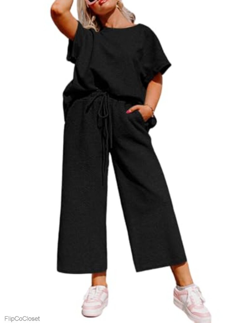 Plus Size 2 Piece Sweatsuit Short Sleeve Top Wide Leg Pants Lounge Set